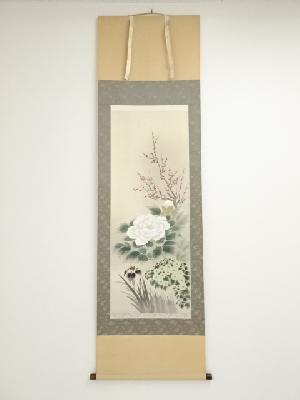 椿旭扇筆　四季草花　肉筆絹本掛軸（共箱）